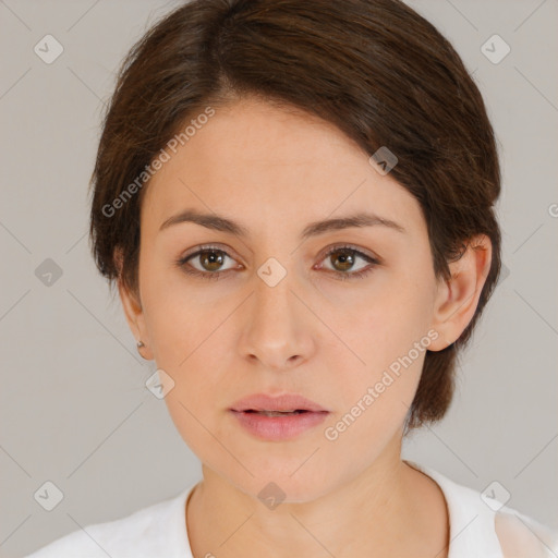 Neutral white young-adult female with medium  brown hair and brown eyes