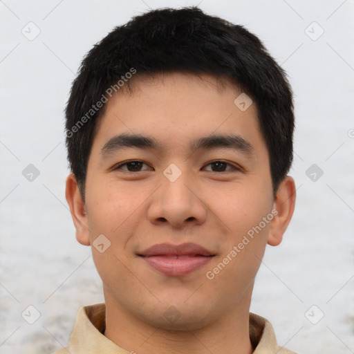 Joyful asian young-adult male with short  brown hair and brown eyes