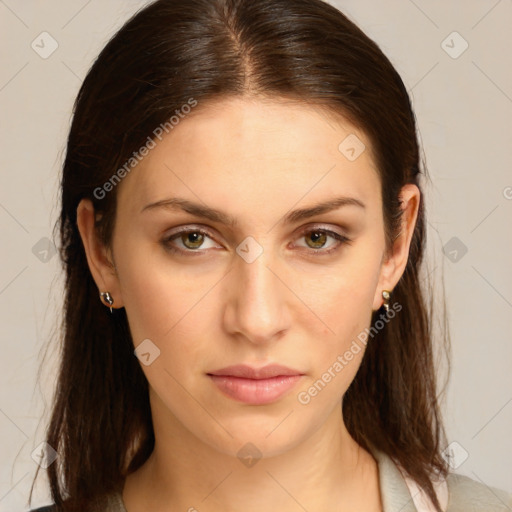 Neutral white young-adult female with medium  brown hair and brown eyes