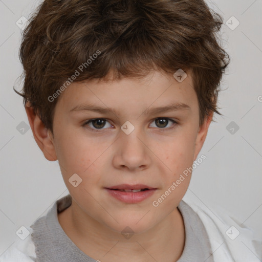 Joyful white child male with short  brown hair and brown eyes