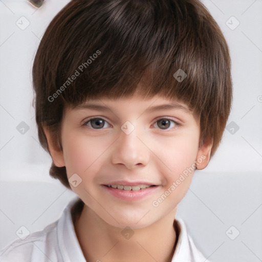 Joyful white child male with short  brown hair and brown eyes