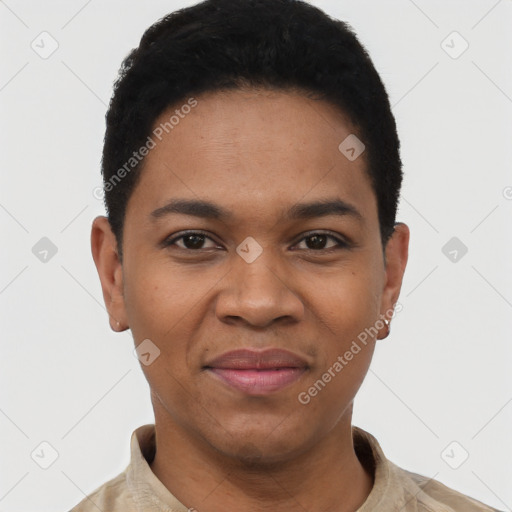 Joyful black young-adult female with short  black hair and brown eyes