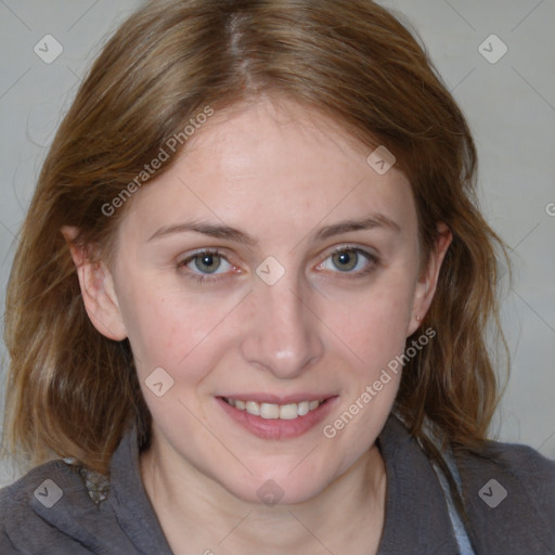 Joyful white young-adult female with medium  brown hair and blue eyes