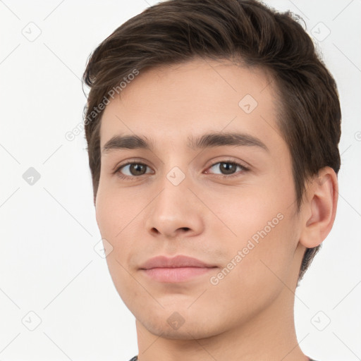 Neutral white young-adult male with short  brown hair and brown eyes