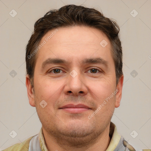 Neutral white adult male with short  brown hair and brown eyes