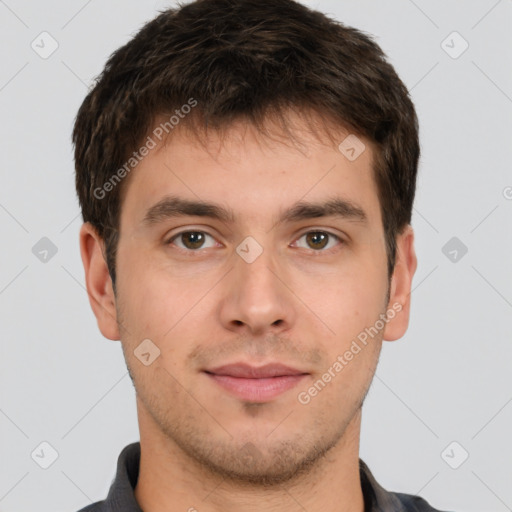 Neutral white young-adult male with short  brown hair and brown eyes