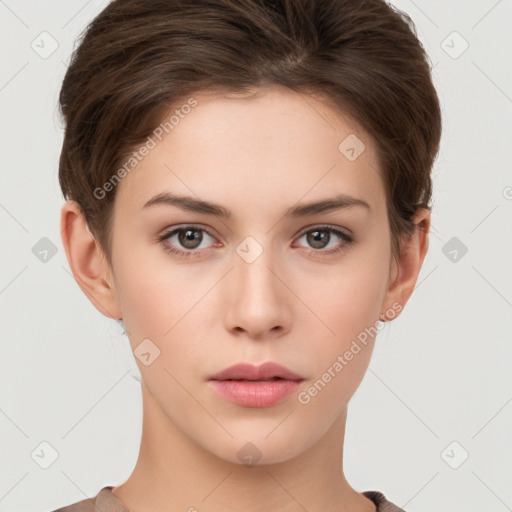 Neutral white young-adult female with short  brown hair and brown eyes