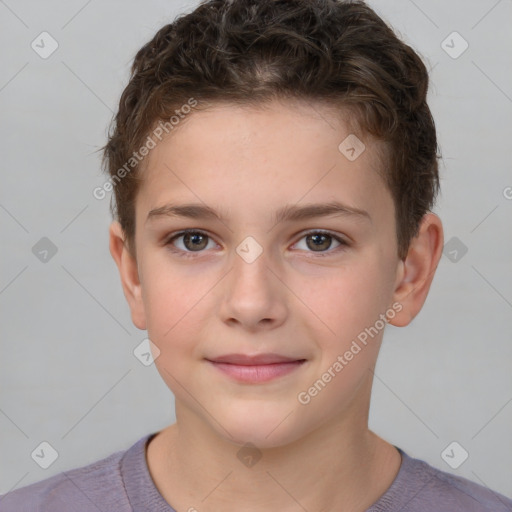 Joyful white child female with short  brown hair and brown eyes