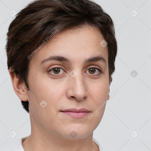 Joyful white young-adult female with short  brown hair and grey eyes