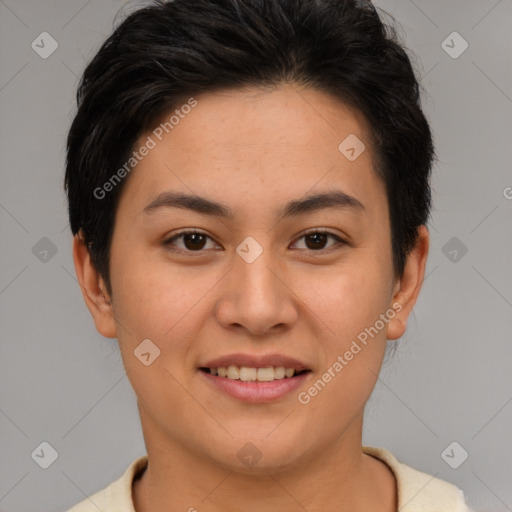 Joyful asian young-adult female with short  brown hair and brown eyes