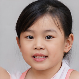 Joyful asian child female with medium  brown hair and brown eyes