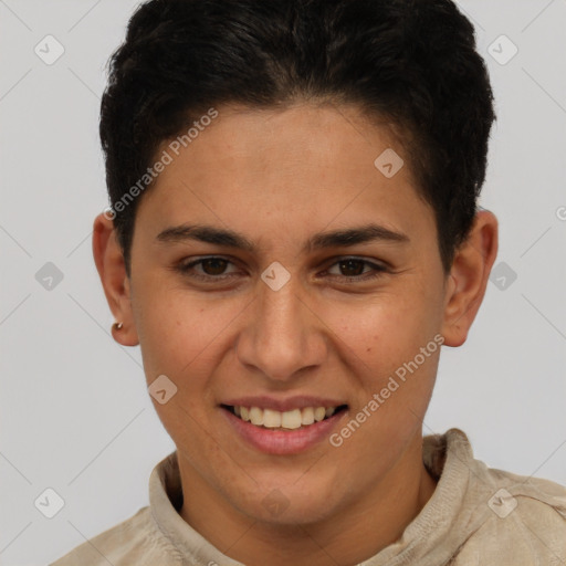 Joyful white young-adult female with short  brown hair and brown eyes