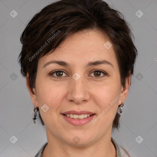 Joyful white adult female with medium  brown hair and brown eyes