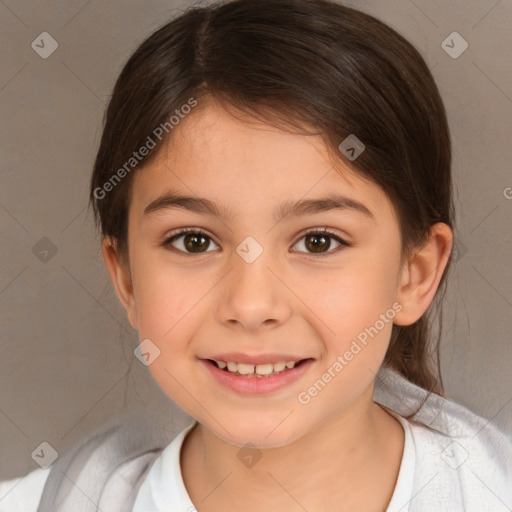 Joyful white child female with medium  brown hair and brown eyes