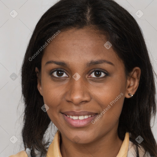 Joyful black young-adult female with medium  brown hair and brown eyes