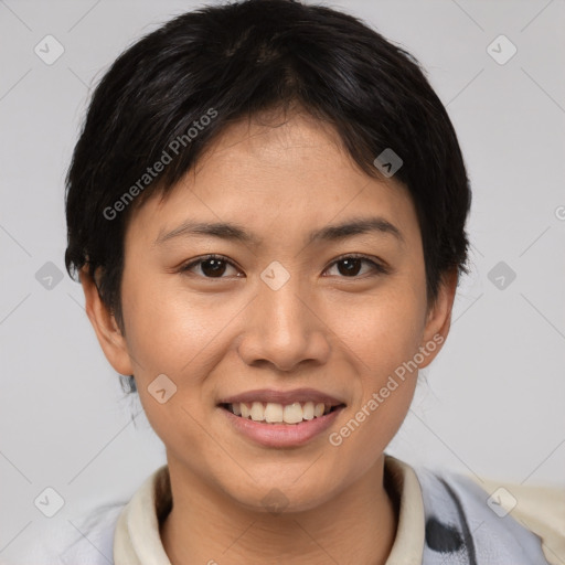 Joyful asian young-adult female with short  brown hair and brown eyes