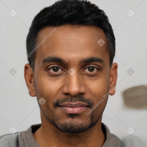 Neutral latino young-adult male with short  black hair and brown eyes