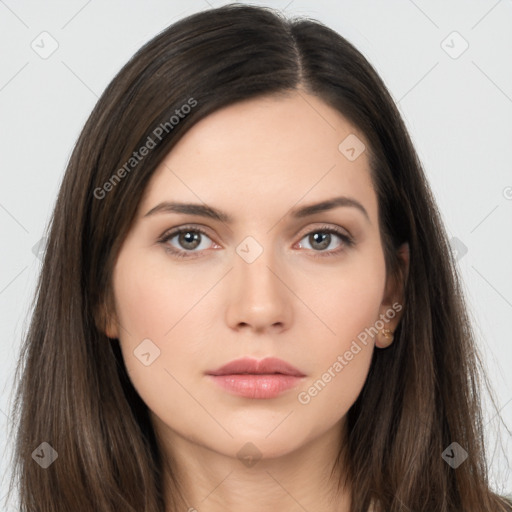 Neutral white young-adult female with long  brown hair and brown eyes