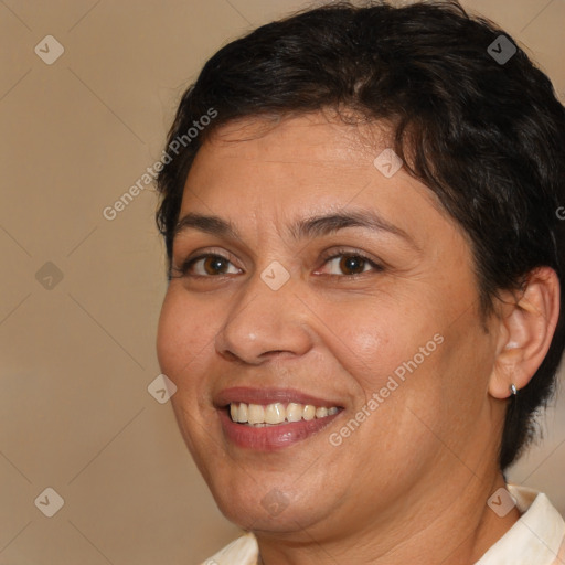 Joyful white adult female with short  brown hair and brown eyes