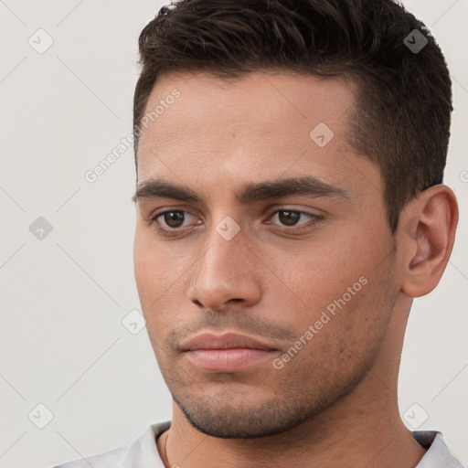 Neutral white young-adult male with short  brown hair and brown eyes