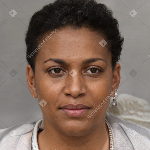 Joyful black young-adult female with short  brown hair and brown eyes