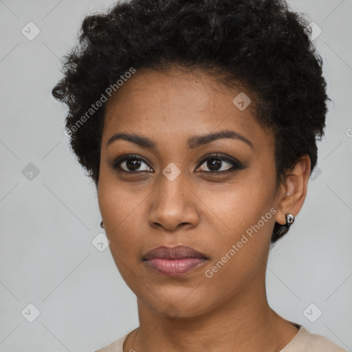 Neutral black young-adult female with short  brown hair and brown eyes