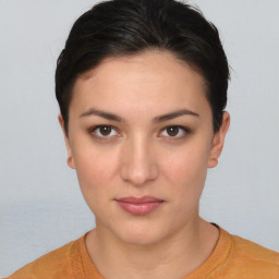 Neutral white young-adult female with short  brown hair and brown eyes