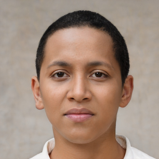 Neutral latino young-adult female with short  brown hair and brown eyes