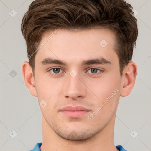 Neutral white young-adult male with short  brown hair and brown eyes