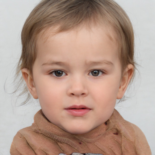 Neutral white child female with medium  brown hair and grey eyes