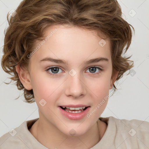 Joyful white child female with medium  brown hair and brown eyes