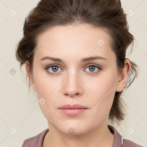 Neutral white young-adult female with medium  brown hair and grey eyes