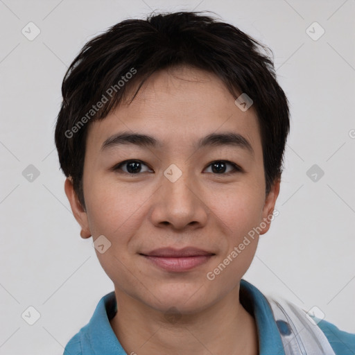 Joyful asian young-adult female with short  brown hair and brown eyes