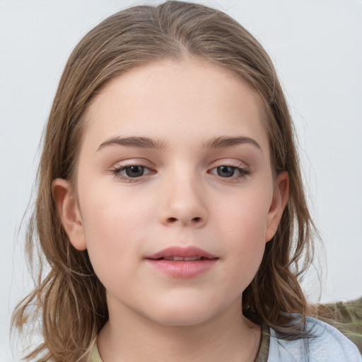 Neutral white child female with medium  brown hair and grey eyes