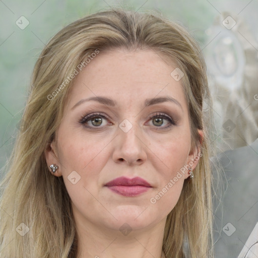 Joyful white adult female with medium  brown hair and grey eyes