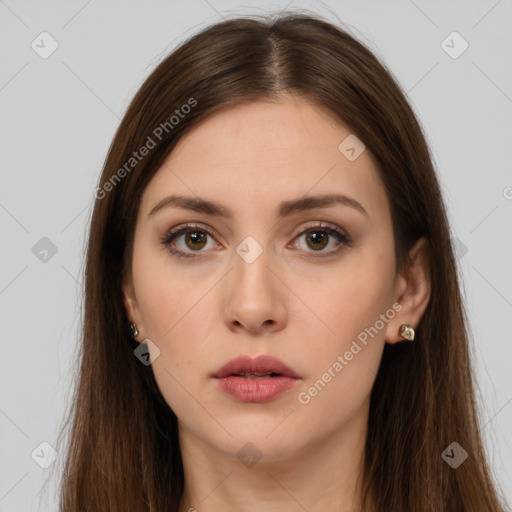 Neutral white young-adult female with long  brown hair and brown eyes