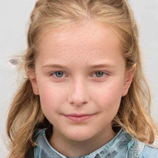 Joyful white child female with medium  brown hair and blue eyes