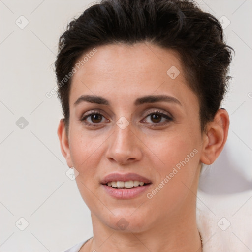 Joyful white young-adult female with short  brown hair and brown eyes