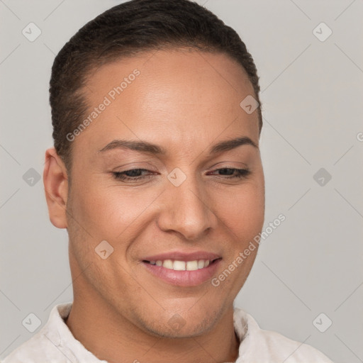 Joyful white young-adult female with short  brown hair and brown eyes