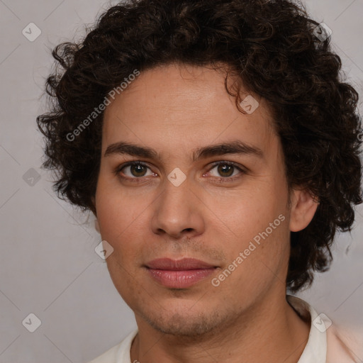 Joyful white young-adult male with medium  brown hair and brown eyes