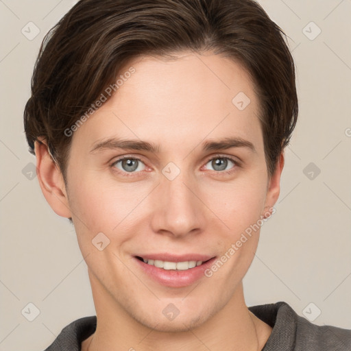 Joyful white young-adult female with short  brown hair and grey eyes