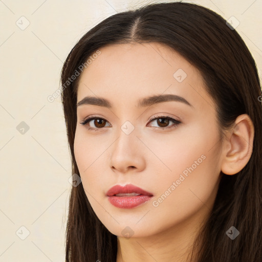 Neutral white young-adult female with long  brown hair and brown eyes