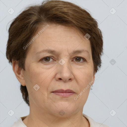 Joyful white adult female with short  brown hair and brown eyes