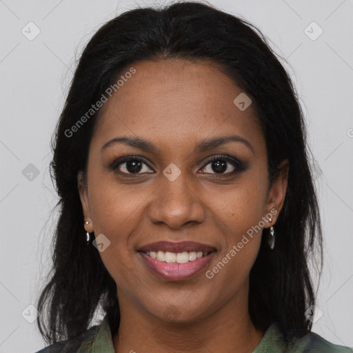 Joyful black young-adult female with medium  brown hair and brown eyes