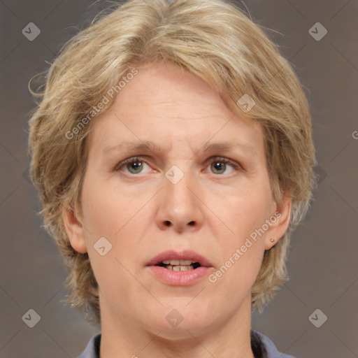 Joyful white adult female with medium  brown hair and grey eyes