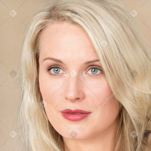 Neutral white young-adult female with long  brown hair and blue eyes