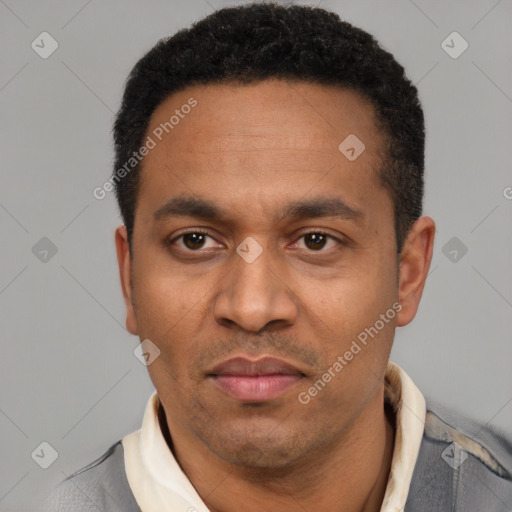 Neutral latino adult male with short  black hair and brown eyes