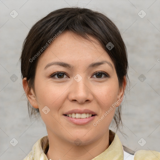 Joyful white young-adult female with medium  brown hair and brown eyes