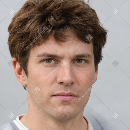 Neutral white young-adult male with short  brown hair and grey eyes