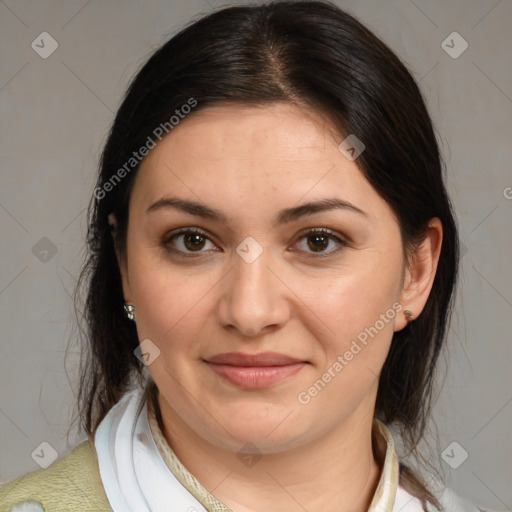 Joyful white young-adult female with medium  brown hair and brown eyes